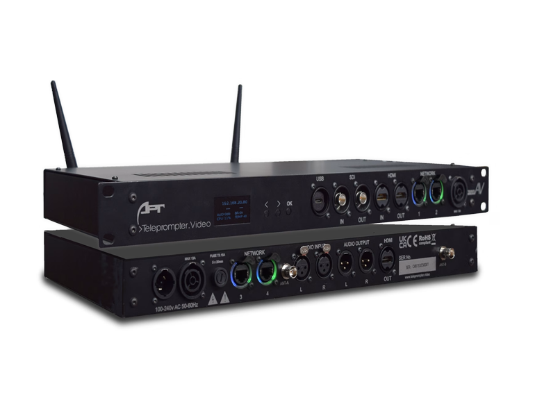 Stacked professional broadcast hardware with multiple ports and antennas, labeled Teleprompter.Video.