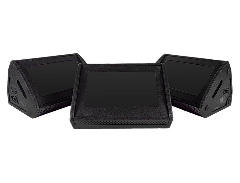 Three black portable touchscreen monitors angled toward the viewer, rugged enclosures visible on the sides.