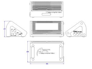 Technical line-drawing of a Teleprompter.Video with multiple views (front, side, back) and dimensions, showing control knobs and logo for reference.