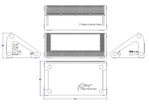Engineering blueprint of a Teleprompter.Video showing multiple views (top, front, side) with dimension lines and branding for precise sizing.
