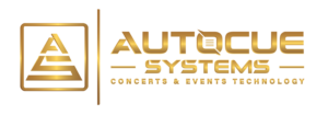 Gold Autcue Systems logo featuring a triangular icon and the text 'AUTOCUE SYSTEMS' with the tagline 'CONCERTS & EVENTS TECHNOLOGY'