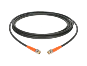 Coaxial RF cable with orange connector housings on both ends and metal connectors at the ends, used for RF testing or networking?