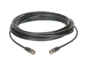 Coiled black multi-pin circular connector cable with two ends showing screw-lock connectors. Suitable for professional or industrial equipment.