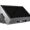 Black powered audio amplifier with large cooling fins on the left and a rear panel containing XLR inputs and power connectors from an angled side view