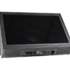 Portable LCD monitor with a large black screen and perforated metal enclosure; back panel shows multiple input connectors.