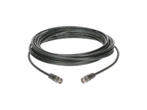 Coiled black multi-pin cable with circular screw-on connectors at both ends.