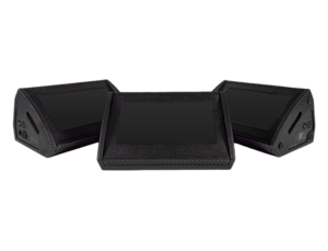 Triple-panel conferencing device with a central touchscreen and two angled side screens.