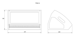Engineering two-view drawing labeled TCM 12: front view with a screen and perforated vent; 337 mm wide by 198 mm tall; side view shows 244 mm depth.