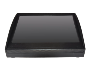 Black rectangular touchscreen device with a large dark screen seen from above, in a black frame.