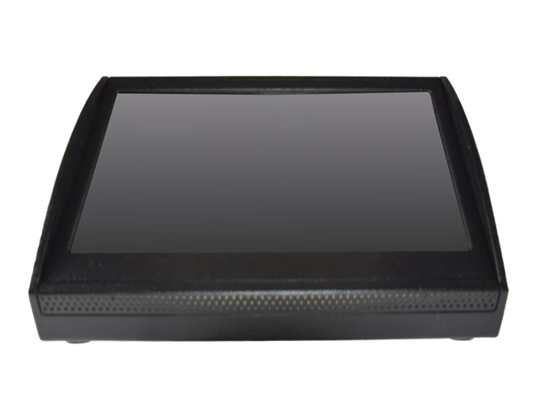 Black rectangular touchscreen device with a large dark screen seen from above, in a black frame.