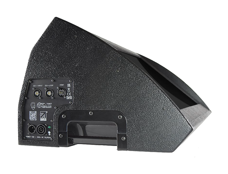 Wedge-shaped stage monitor loudspeaker with its rear input panel and controls visible