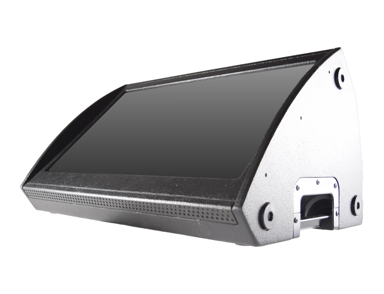 Angled touchscreen POS terminal with a metal body and a large dark display screen, viewed from the side.