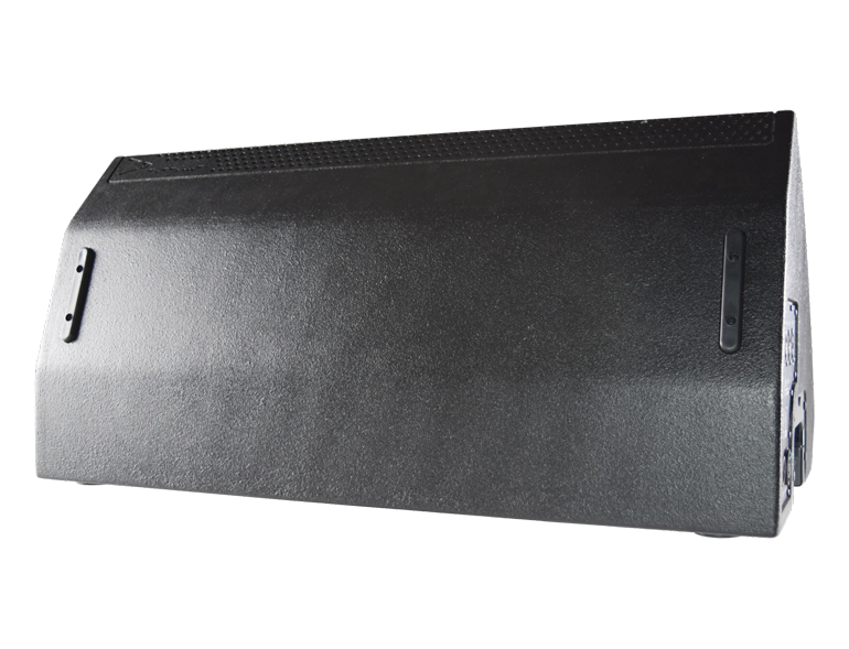 Large black PA speaker cabinet lying on its side with textured finish and recessed handles on each end.