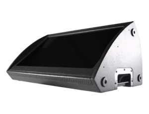 Rugged angled touchscreen monitor with black display and metal housing mounted on a base.