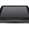 Black touchscreen monitor with a thick black bezel, turned off in a recessed frame.