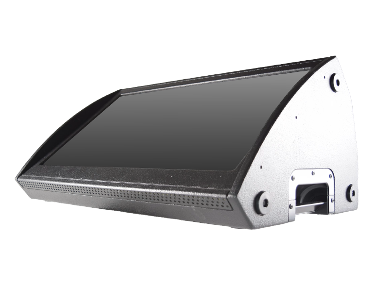 Rugged angled touchscreen monitor in a metal housing with a curved front glass and a back connector.
