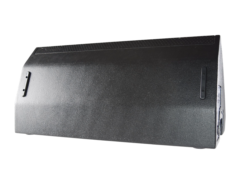 Car subwoofer enclosure in a textured black carpeted box, angled to show side mounting panel and port area