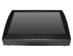 Black rectangular touchscreen display embedded in a dark plastic frame, viewed from a low angle.