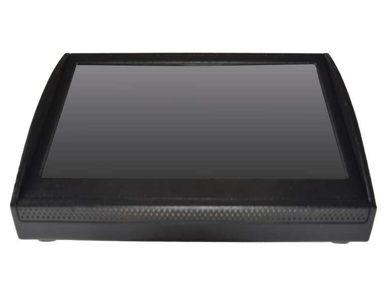 Black rectangular touchscreen display embedded in a dark plastic frame, viewed from a low angle.