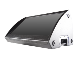 Rugged angled touchscreen display with metal housing and base port.