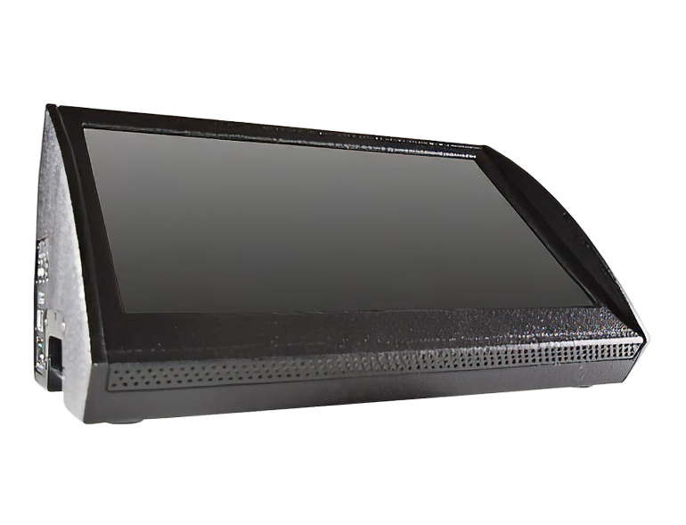 Touchscreen monitor with a black bezel, angled display surface facing upward.