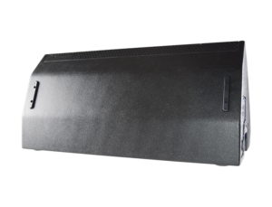 Black professional loudspeaker cabinet with side handles seen at an angle (PA/stage monitor speaker)