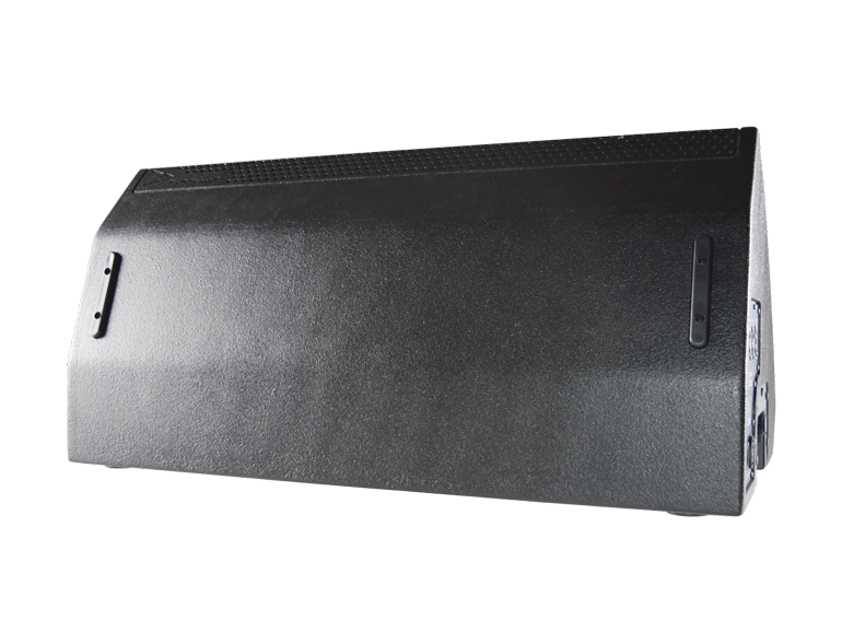 Black professional loudspeaker cabinet with side handles seen at an angle (PA/stage monitor speaker)