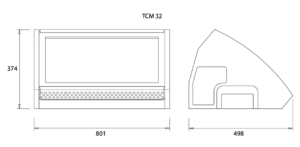 Technical drawing of TCM 32 unit—front view with a rectangular opening and perforated vent under the opening; 801 mm wide by 374 mm high (overall).