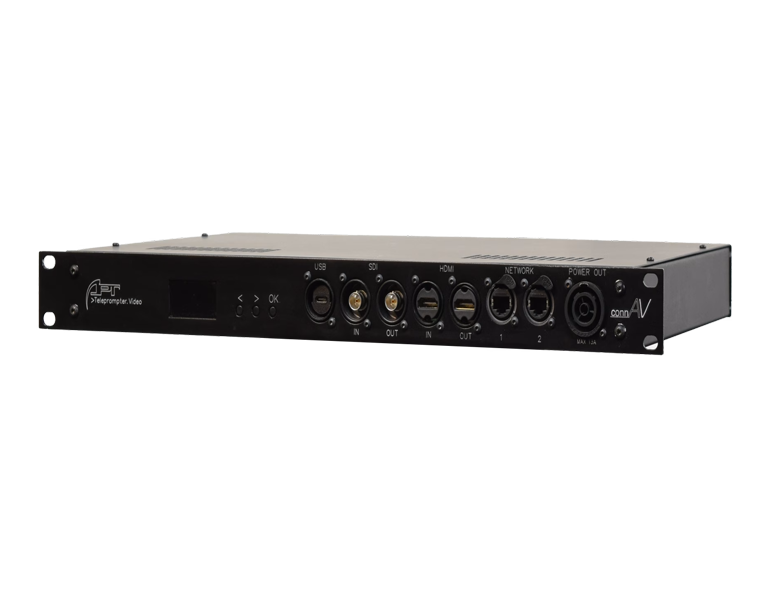 Front view of a black AV rack unit with USB, SDI, HDMI, Network and Power ports; branding visible on the left side